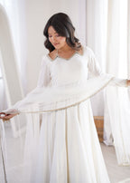 Lorenvalley Fashion White Romansilk Chanderi Yoke Fancy Lace Pattern Anarkali Gown Pant with Dupatta | Grocsy