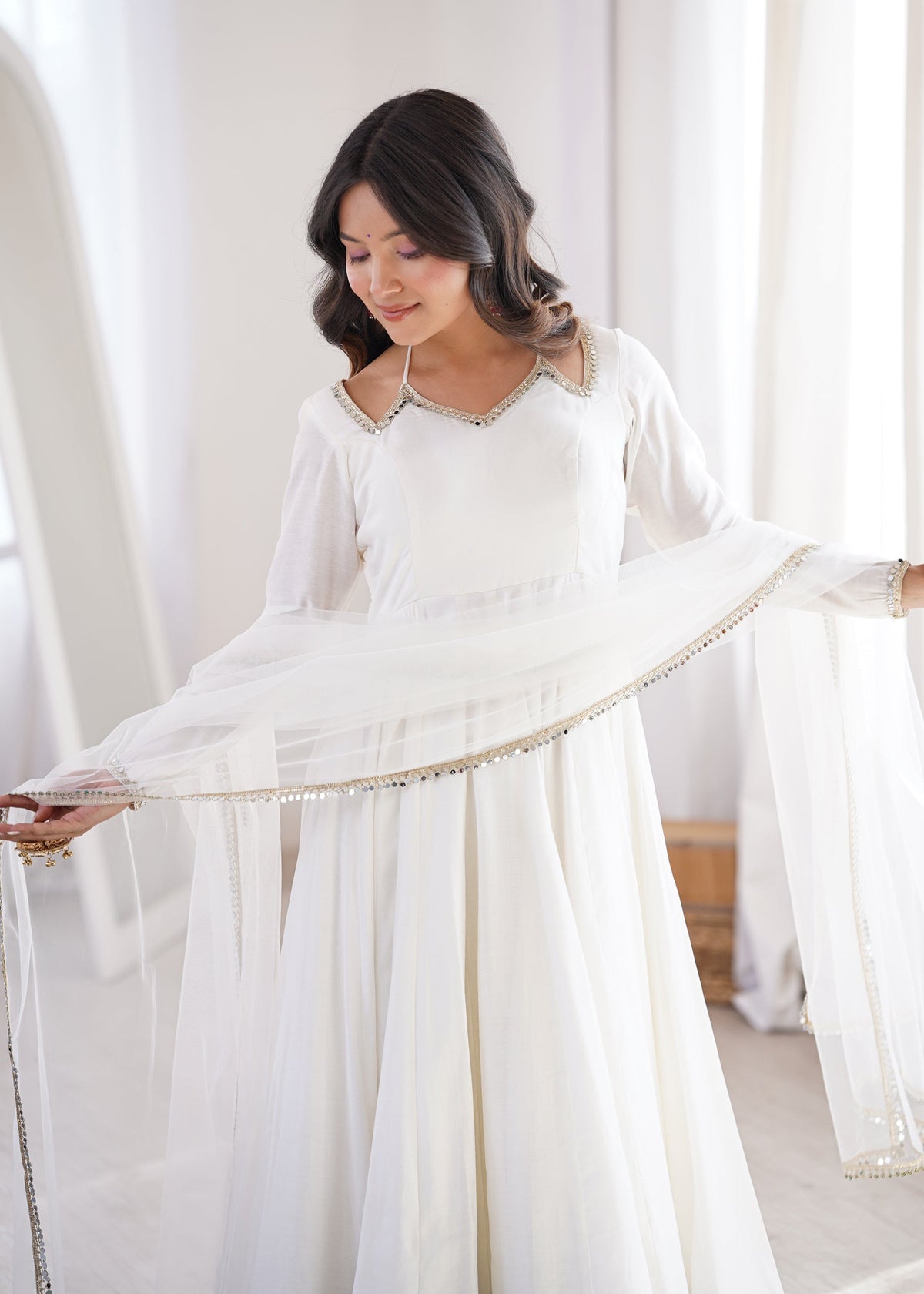 Lorenvalley Fashion White Romansilk Chanderi Yoke Fancy Lace Pattern Anarkali Gown Pant with Dupatta | Grocsy