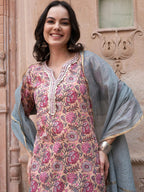 Sangria Peach-Coloured Ethnic Motifs Printed Pure Cotton Kurta with Trousers & Dupatta | Grocsy
