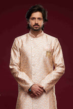 Raivat Ethnic Banarasi Jacquard Embroidery Semi Indo Western Sherwani In Peach Colour | Grocsy
