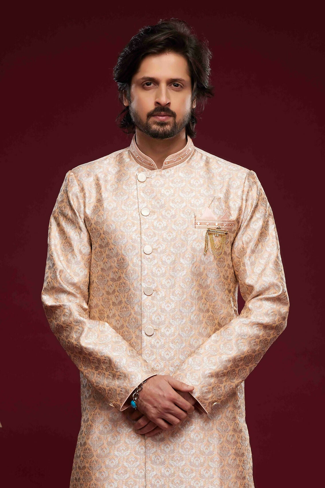 Raivat Ethnic Banarasi Jacquard Embroidery Semi Indo Western Sherwani In Peach Colour | Grocsy