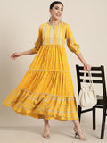 Juniper Mustard Geometric Printed Rayon Tiered Maxi Dress With Buttons & Lace | Grocsy