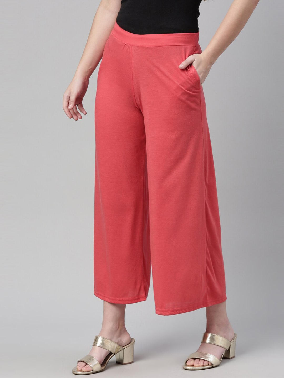 Souchii Peach-Coloured Knitted Palazzos | Grocsy
