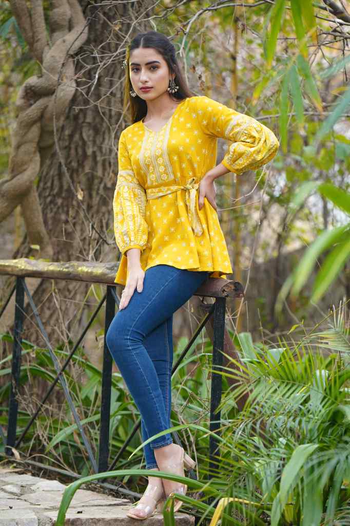Juniper Women's Mustard Geometric Printed Rayon Flex Peplum Tunic | Grocsy