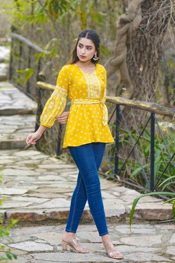 Juniper Women's Mustard Geometric Printed Rayon Flex Peplum Tunic | Grocsy
