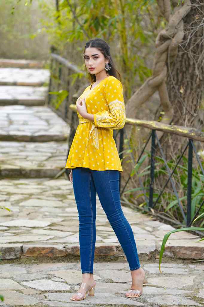 Juniper Women's Mustard Geometric Printed Rayon Flex Peplum Tunic | Grocsy