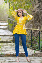 Juniper Women's Mustard Geometric Printed Rayon Flex Peplum Tunic | Grocsy