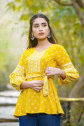 Juniper Women's Mustard Geometric Printed Rayon Flex Peplum Tunic | Grocsy