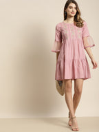 Juniper Womens Blushpink Cotton Slub Solid Embroidered Short Dress | Grocsy