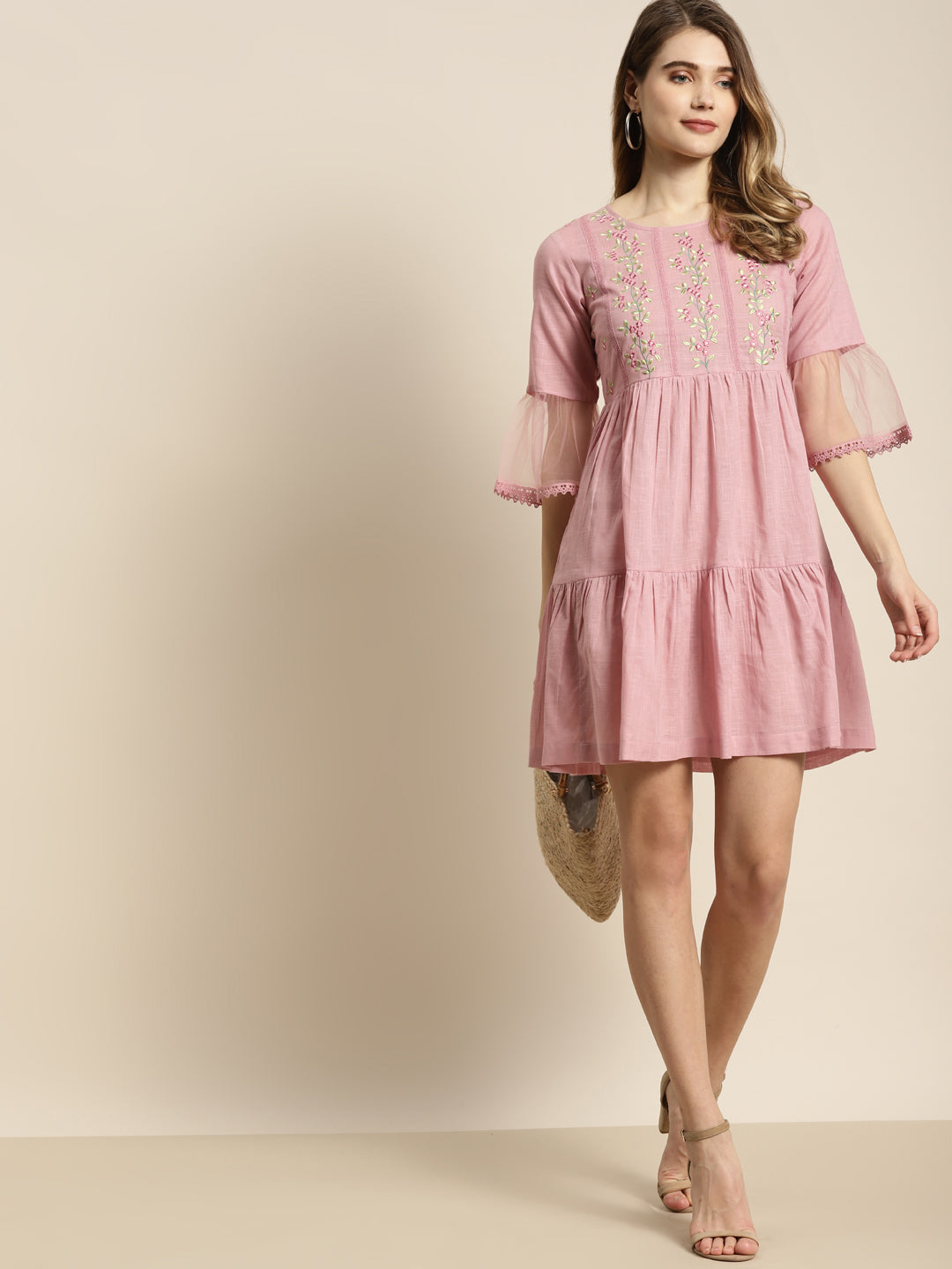 Juniper Womens Blushpink Cotton Slub Solid Embroidered Short Dress | Grocsy