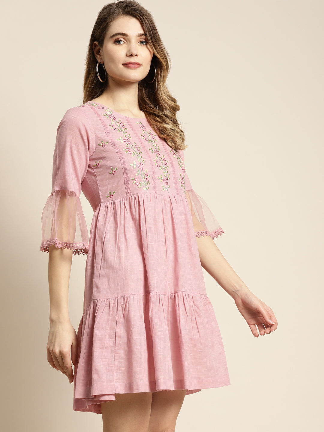 Juniper Womens Blushpink Cotton Slub Solid Embroidered Short Dress | Grocsy