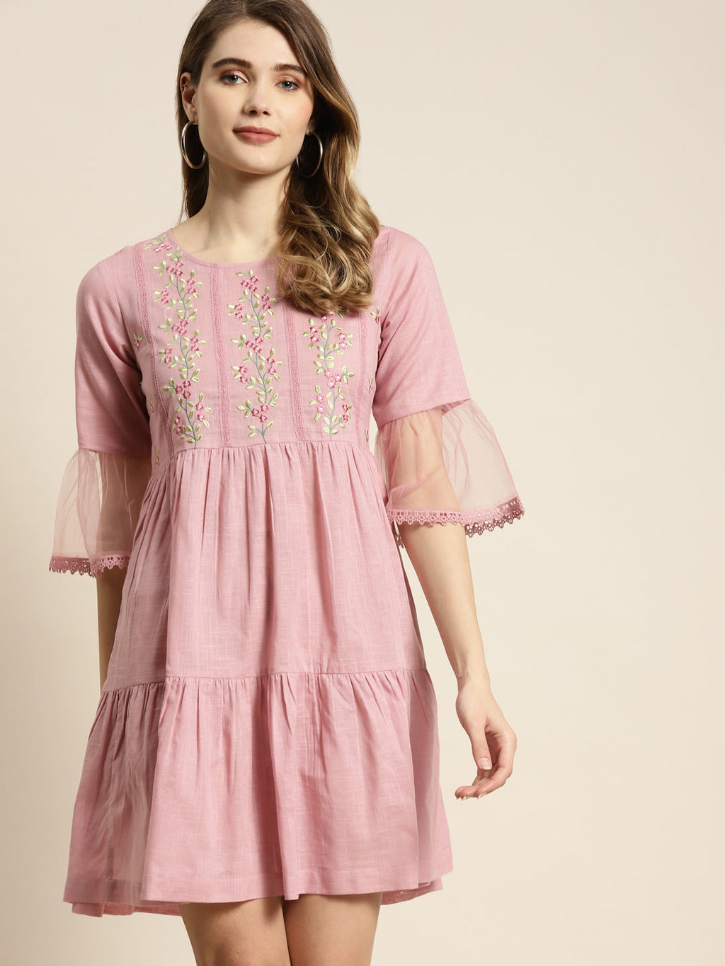 Juniper Womens Blushpink Cotton Slub Solid Embroidered Short Dress | Grocsy