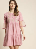 Juniper Womens Blushpink Cotton Slub Solid Embroidered Short Dress | Grocsy