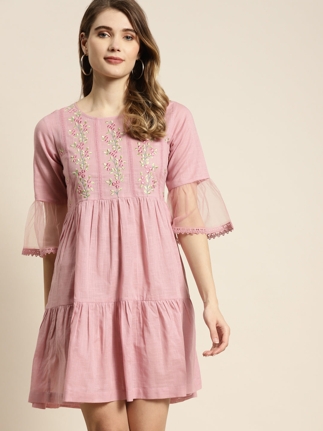 Juniper Womens Blushpink Cotton Slub Solid Embroidered Short Dress | Grocsy