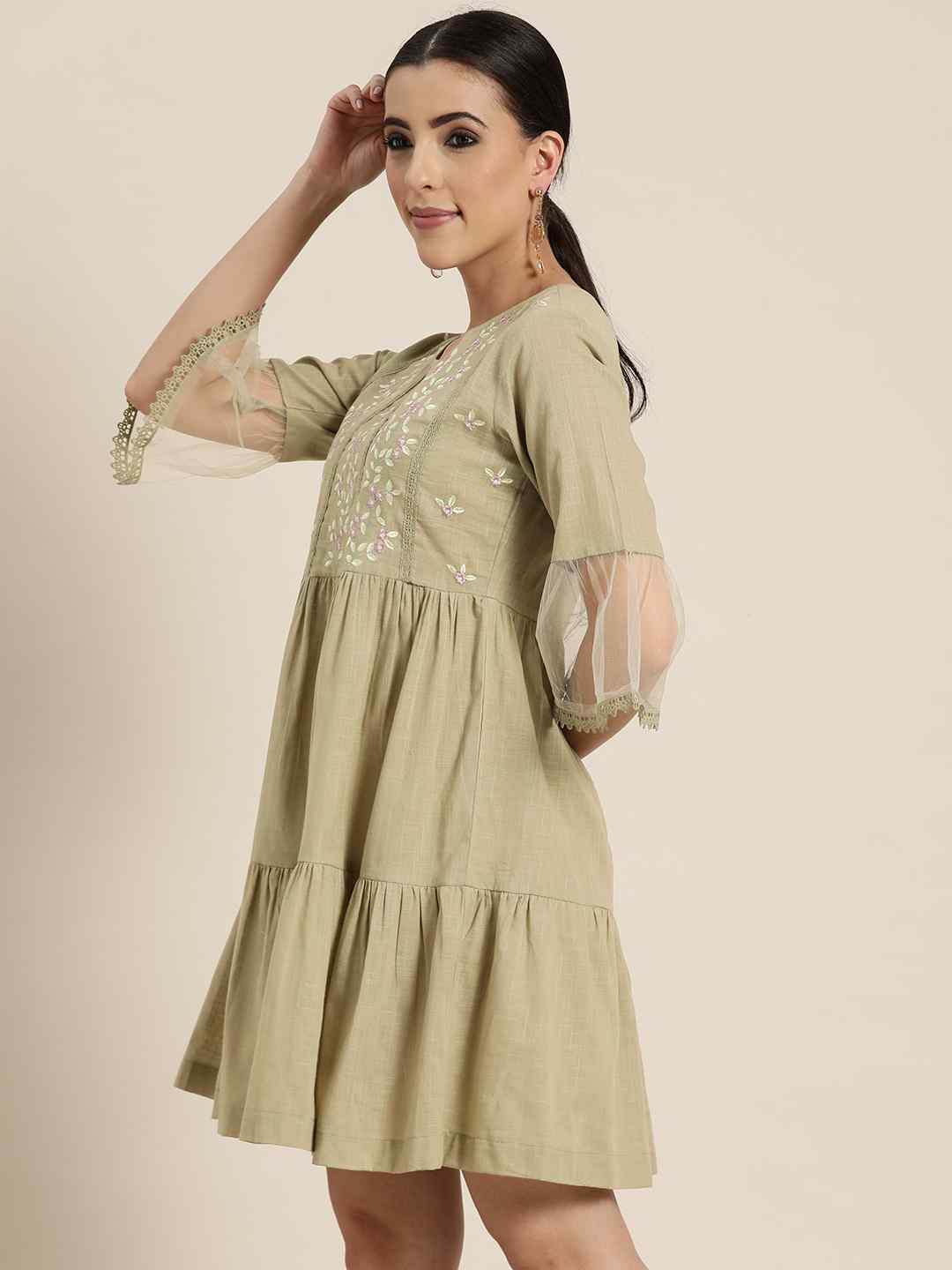 Juniper Women's Blush Pink Floral Printed Cotton Slub Tiered Short Dress With Thread Work Embroidery | Grocsy