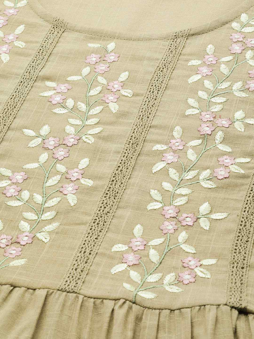 Juniper Women's Blush Pink Floral Printed Cotton Slub Tiered Short Dress With Thread Work Embroidery | Grocsy