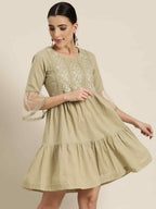 Juniper Women's Blush Pink Floral Printed Cotton Slub Tiered Short Dress With Thread Work Embroidery | Grocsy