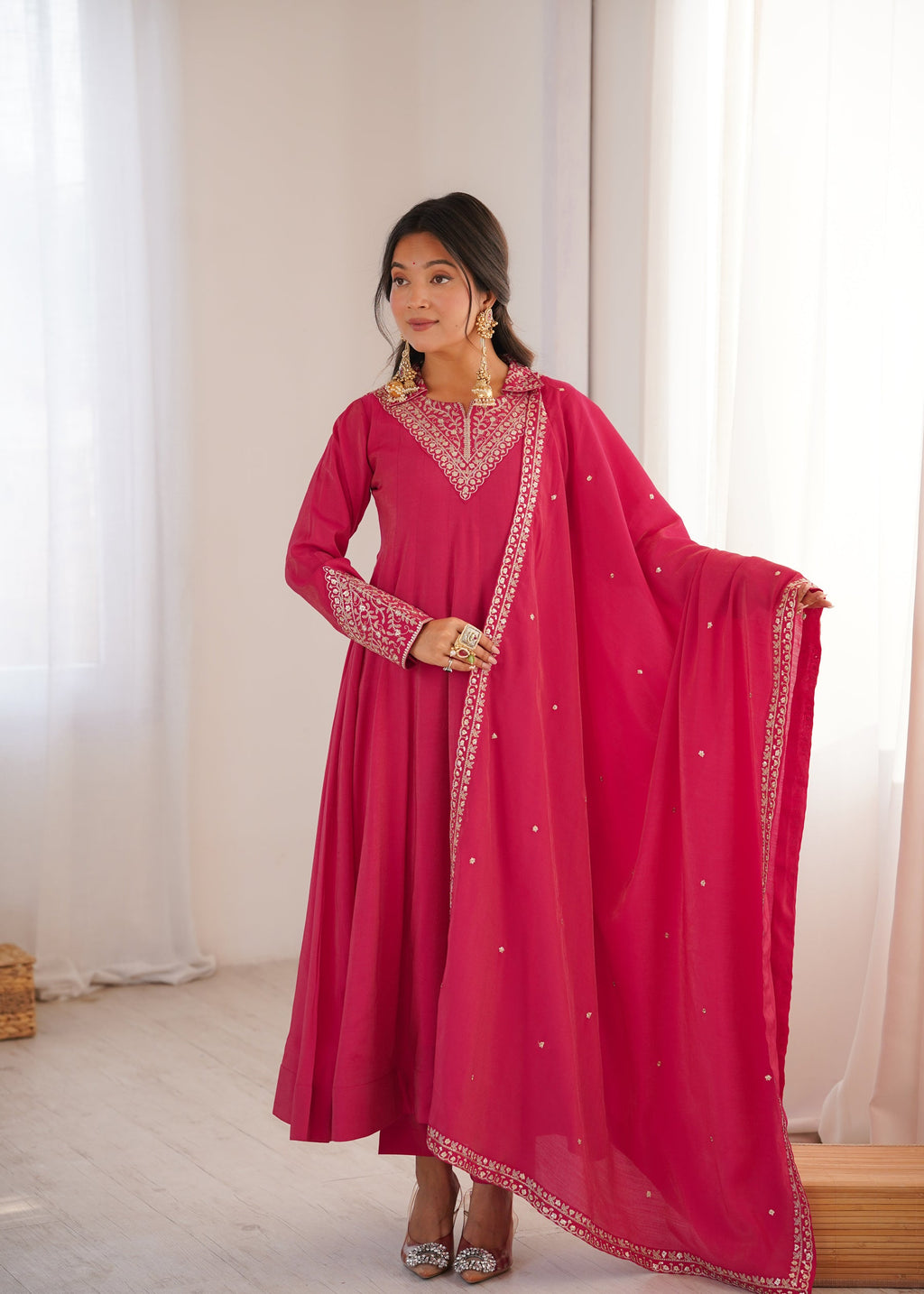 Lorenvalley Fashion Magenta Roman Shimmer Silk Sequence and Jari work Anarkali Gown Pant with Dupatta | Grocsy