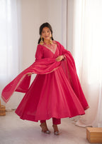 Lorenvalley Fashion Magenta Roman Shimmer Silk Sequence and Jari work Anarkali Gown Pant with Dupatta | Grocsy