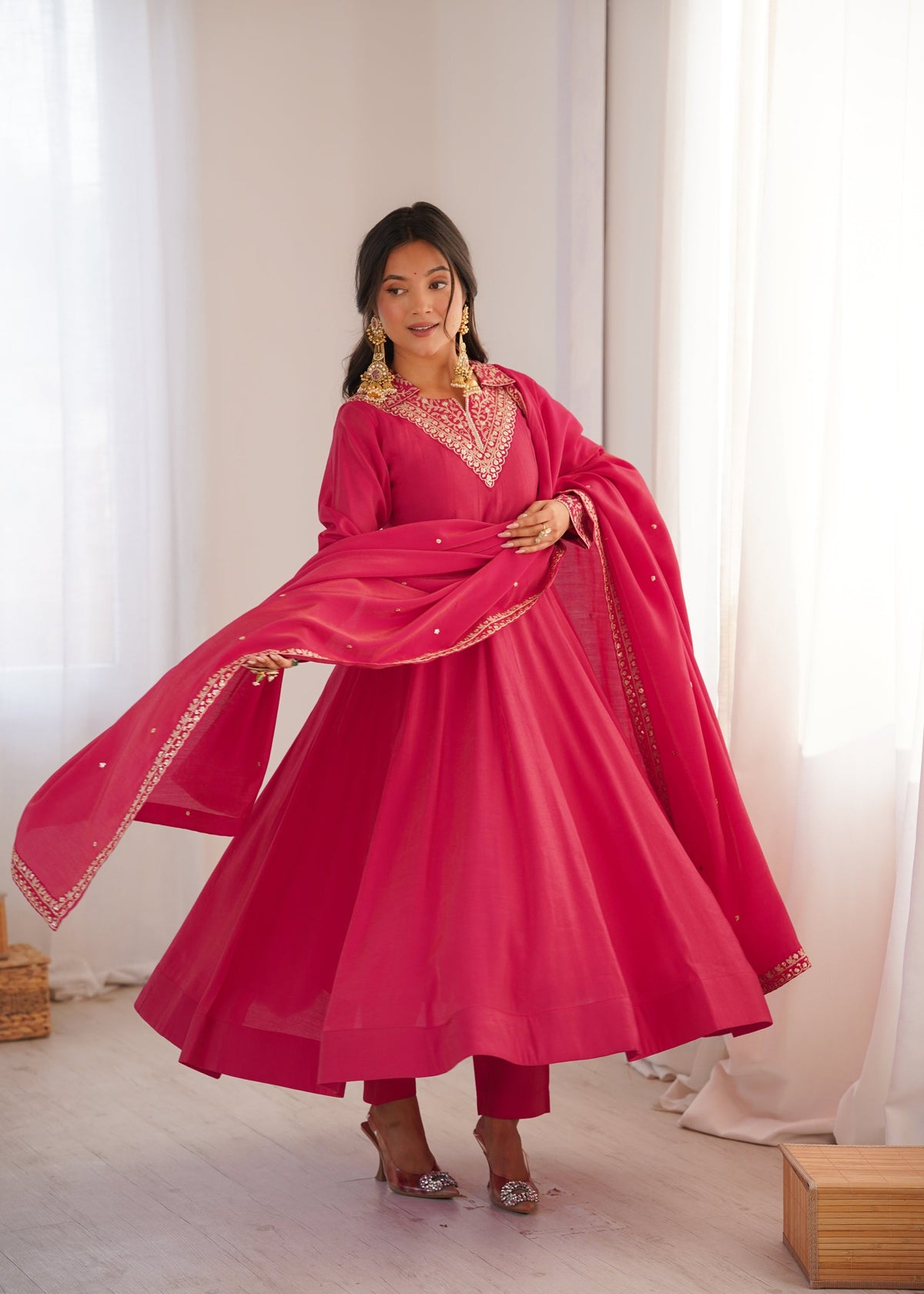 Lorenvalley Fashion Magenta Roman Shimmer Silk Sequence and Jari work Anarkali Gown Pant with Dupatta | Grocsy