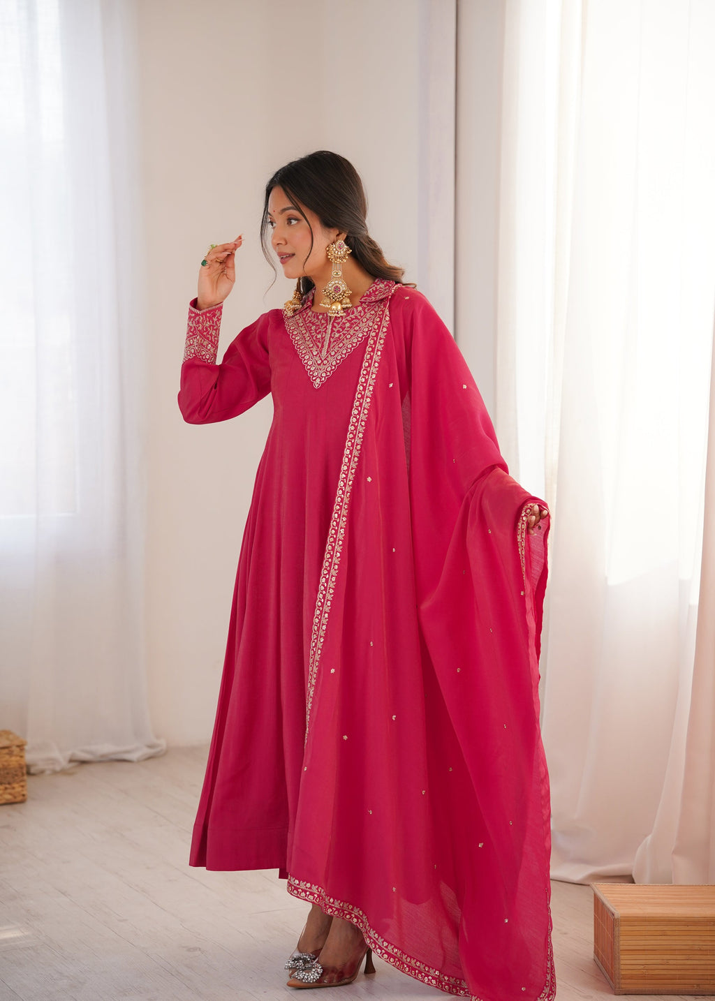 Lorenvalley Fashion Magenta Roman Shimmer Silk Sequence and Jari work Anarkali Gown Pant with Dupatta | Grocsy
