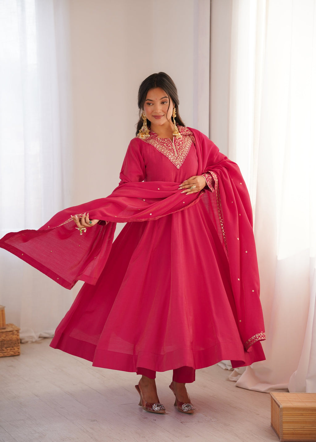 Lorenvalley Fashion Magenta Roman Shimmer Silk Sequence and Jari work Anarkali Gown Pant with Dupatta | Grocsy