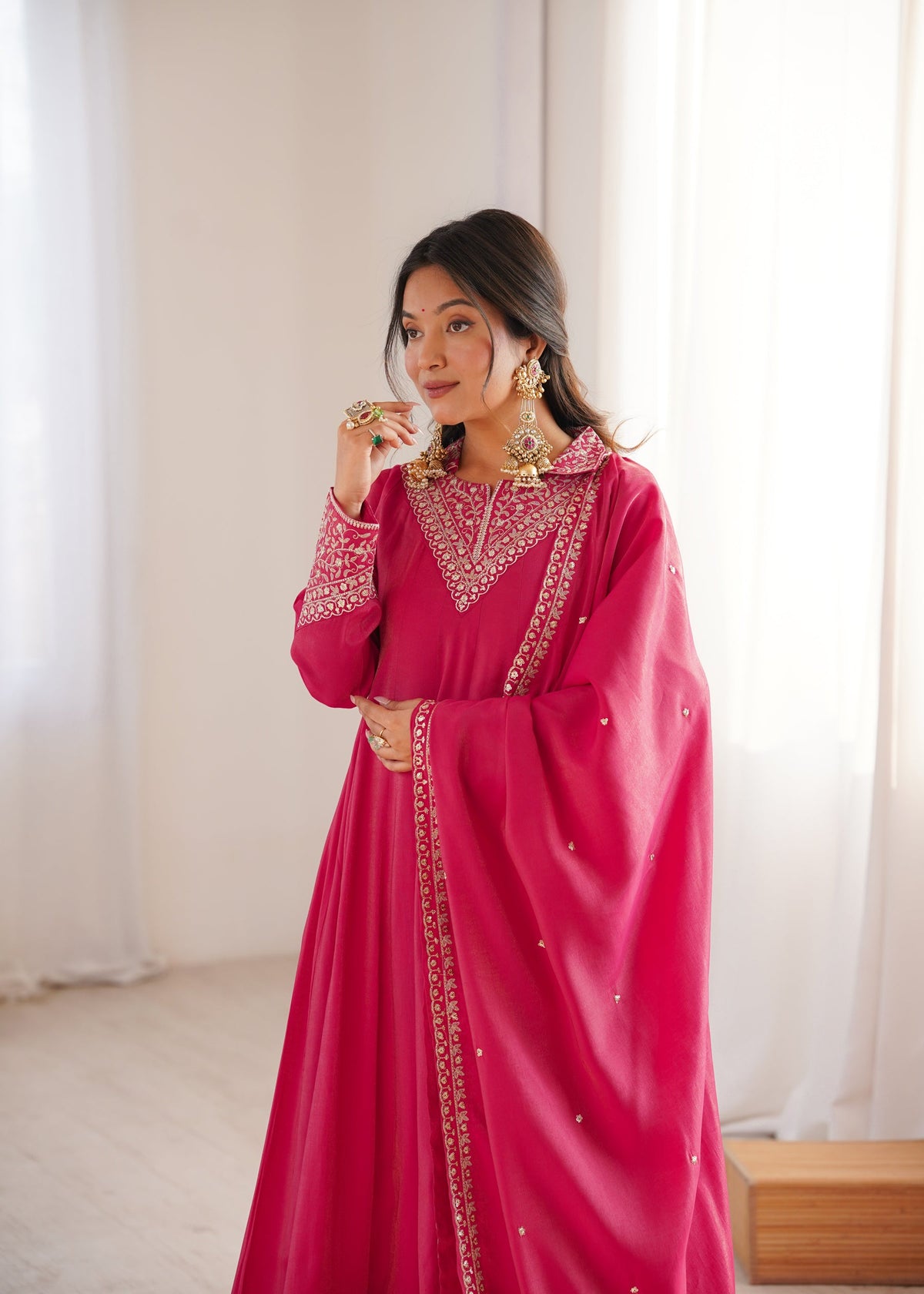 Lorenvalley Fashion Magenta Roman Shimmer Silk Sequence and Jari work Anarkali Gown Pant with Dupatta | Grocsy