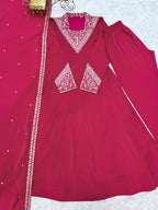 Lorenvalley Fashion Magenta Roman Shimmer Silk Sequence and Jari work Anarkali Gown Pant with Dupatta | Grocsy