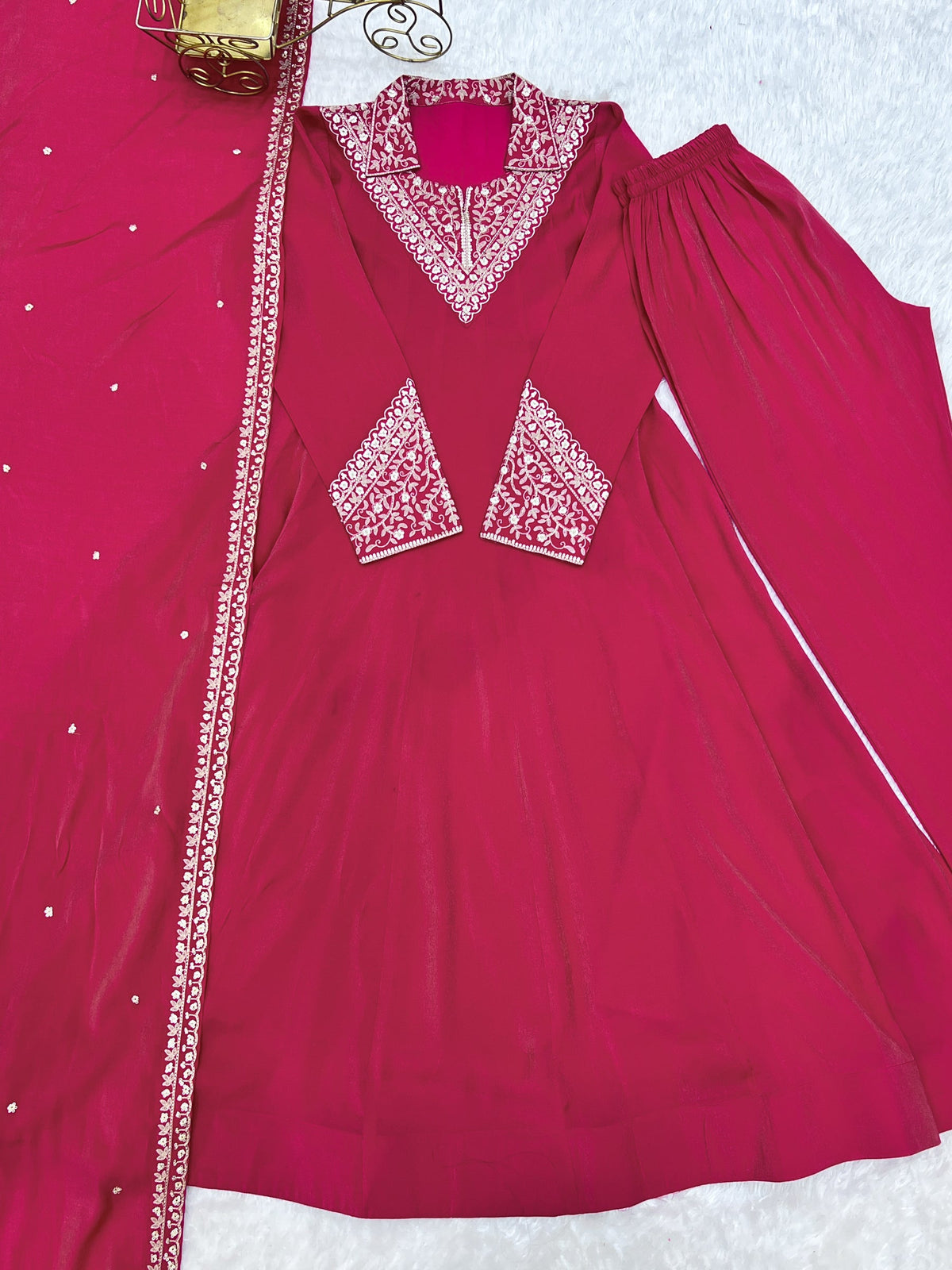 Lorenvalley Fashion Magenta Roman Shimmer Silk Sequence and Jari work Anarkali Gown Pant with Dupatta | Grocsy
