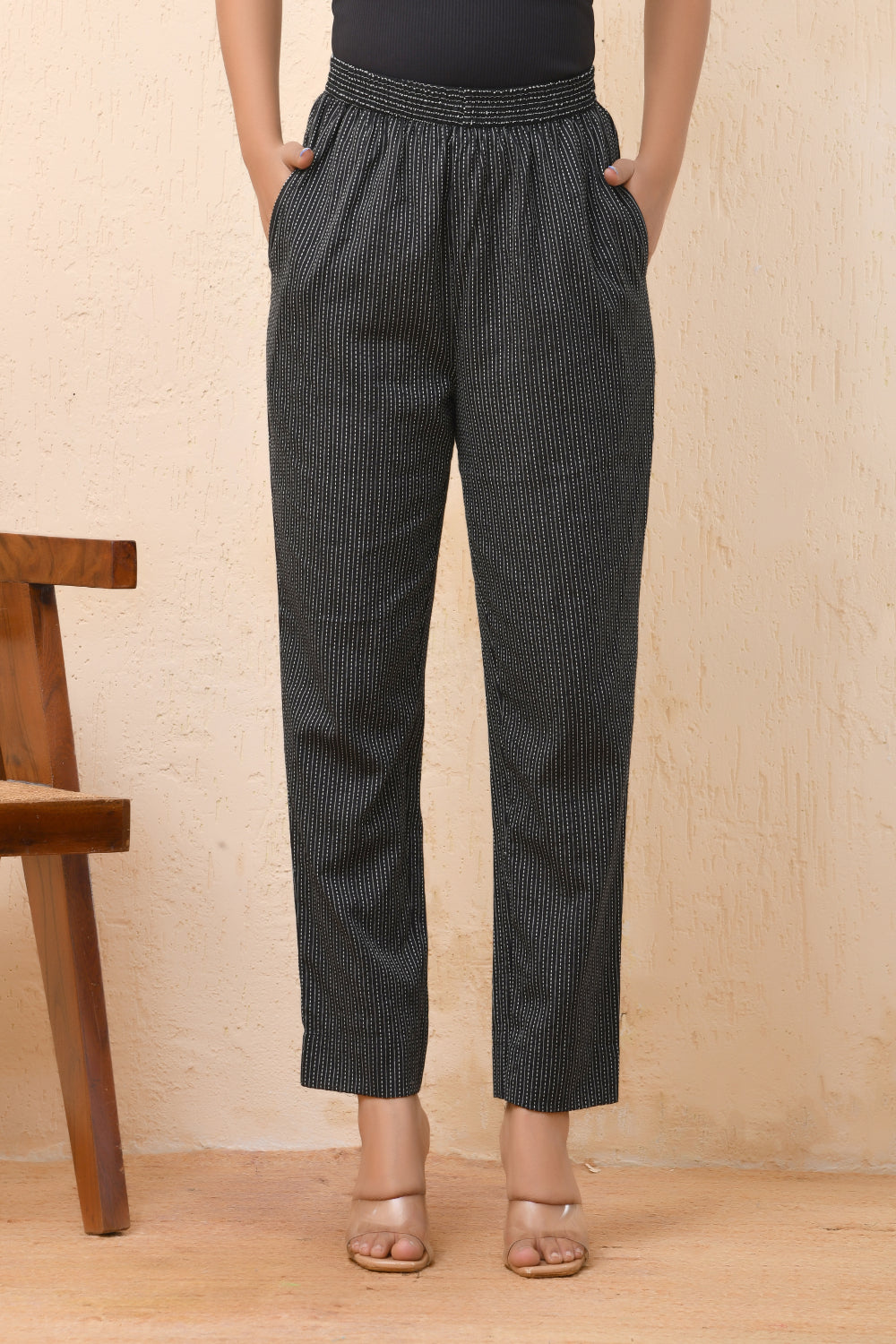 Vaasva Women Black Kantha Straight Fit Pants | Grocsy