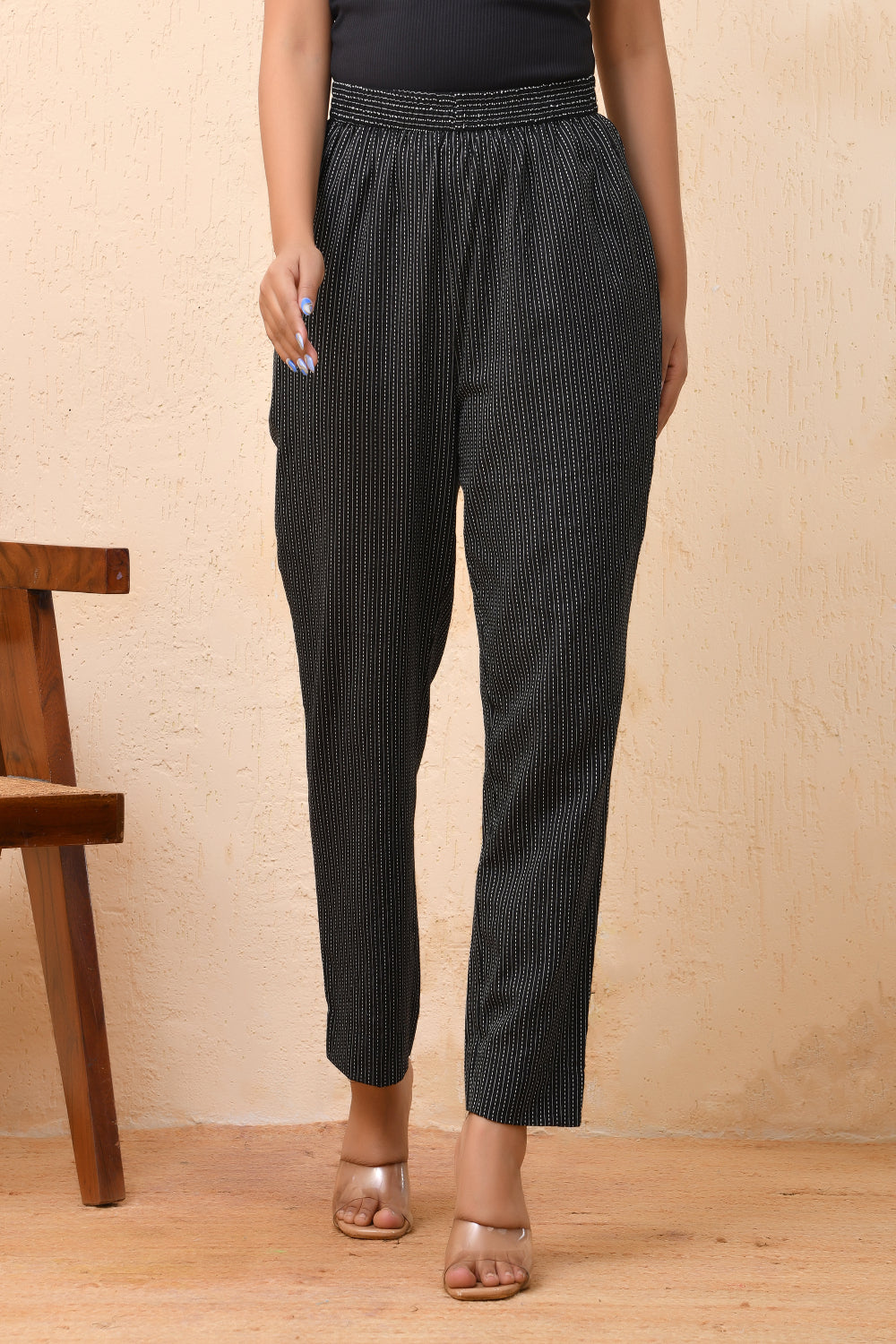 Vaasva Women Black Kantha Straight Fit Pants | Grocsy