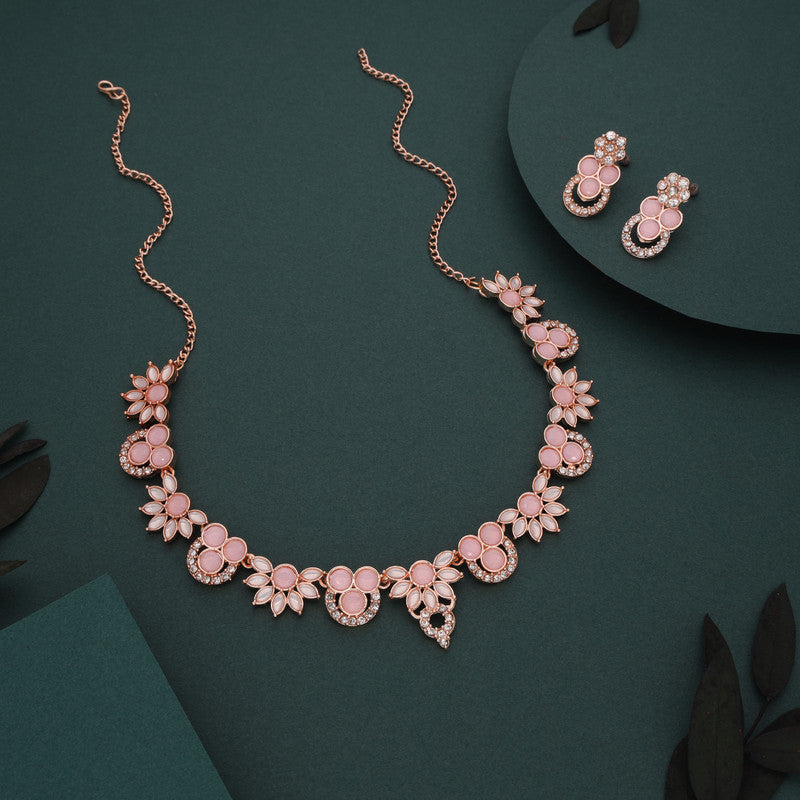 Tehzeeb Creations Gold Pleate Baby Pink Choker Necklace With Stud | Grocsy