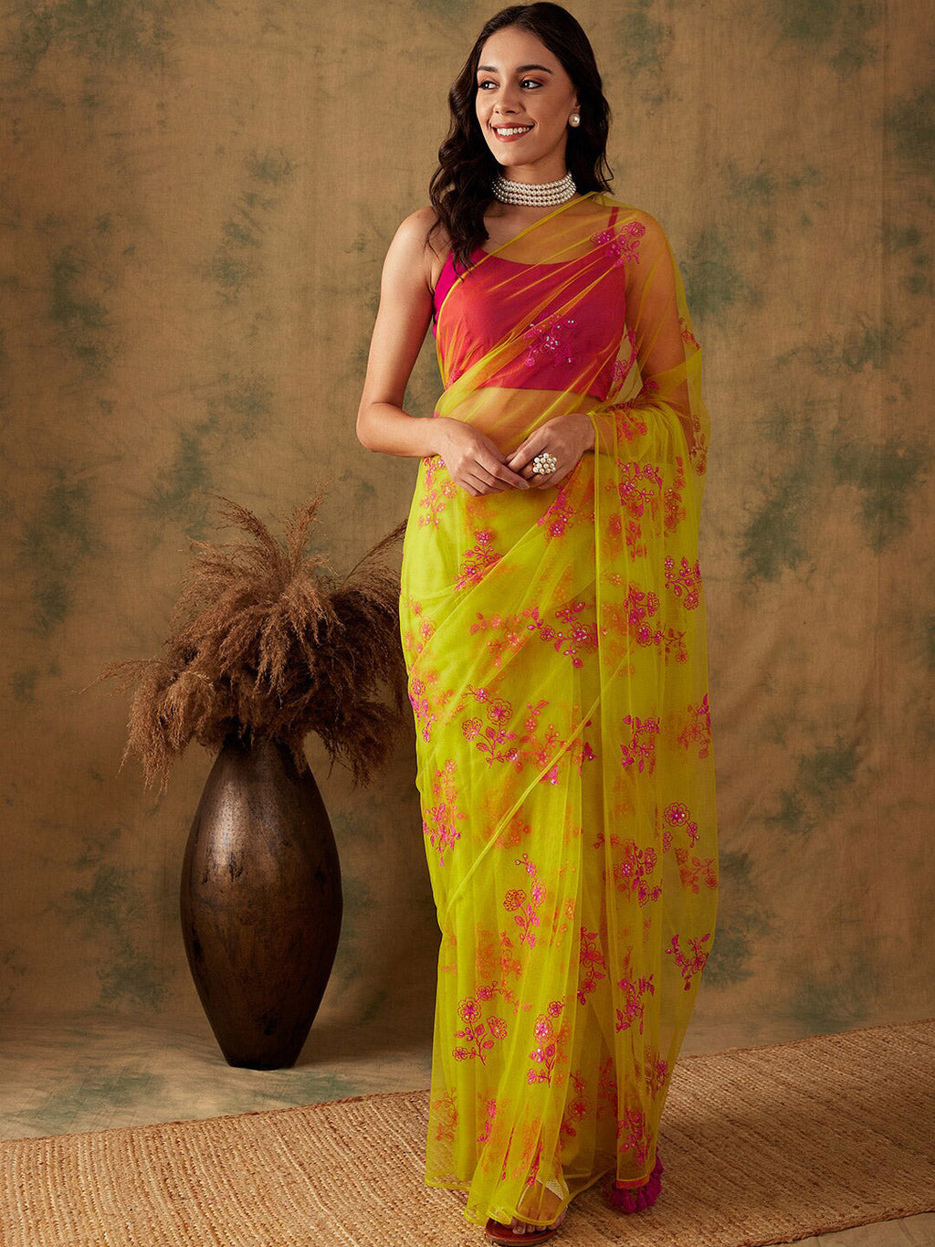 Sangria Floral Embroidered Sequins Details Net Saree | Grocsy