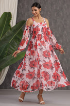 Juniper Light Pink Floral Printed Chiffon Maxi Dress With Adjustable Straps & Cold Shoulder | Grocsy
