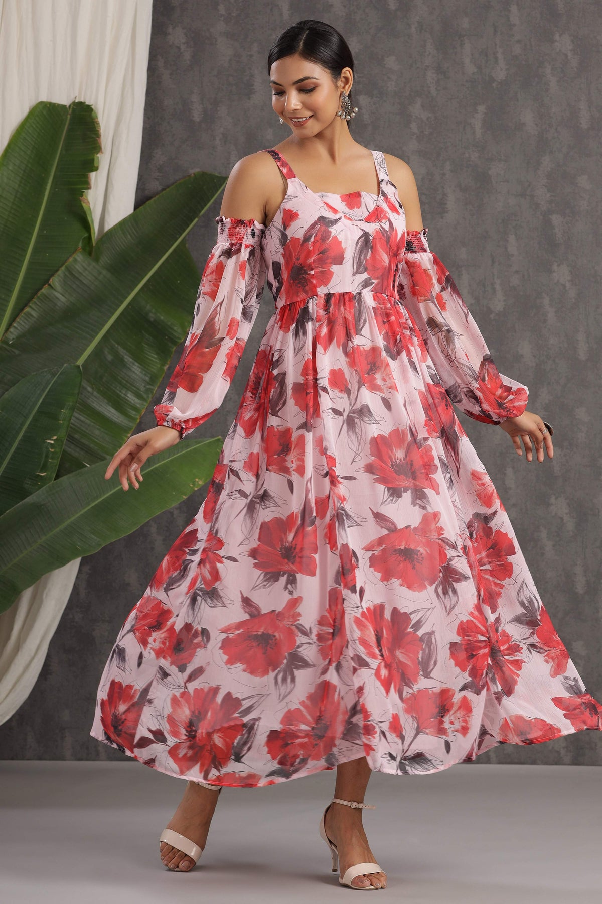 Juniper Light Pink Floral Printed Chiffon Maxi Dress With Adjustable Straps & Cold Shoulder | Grocsy