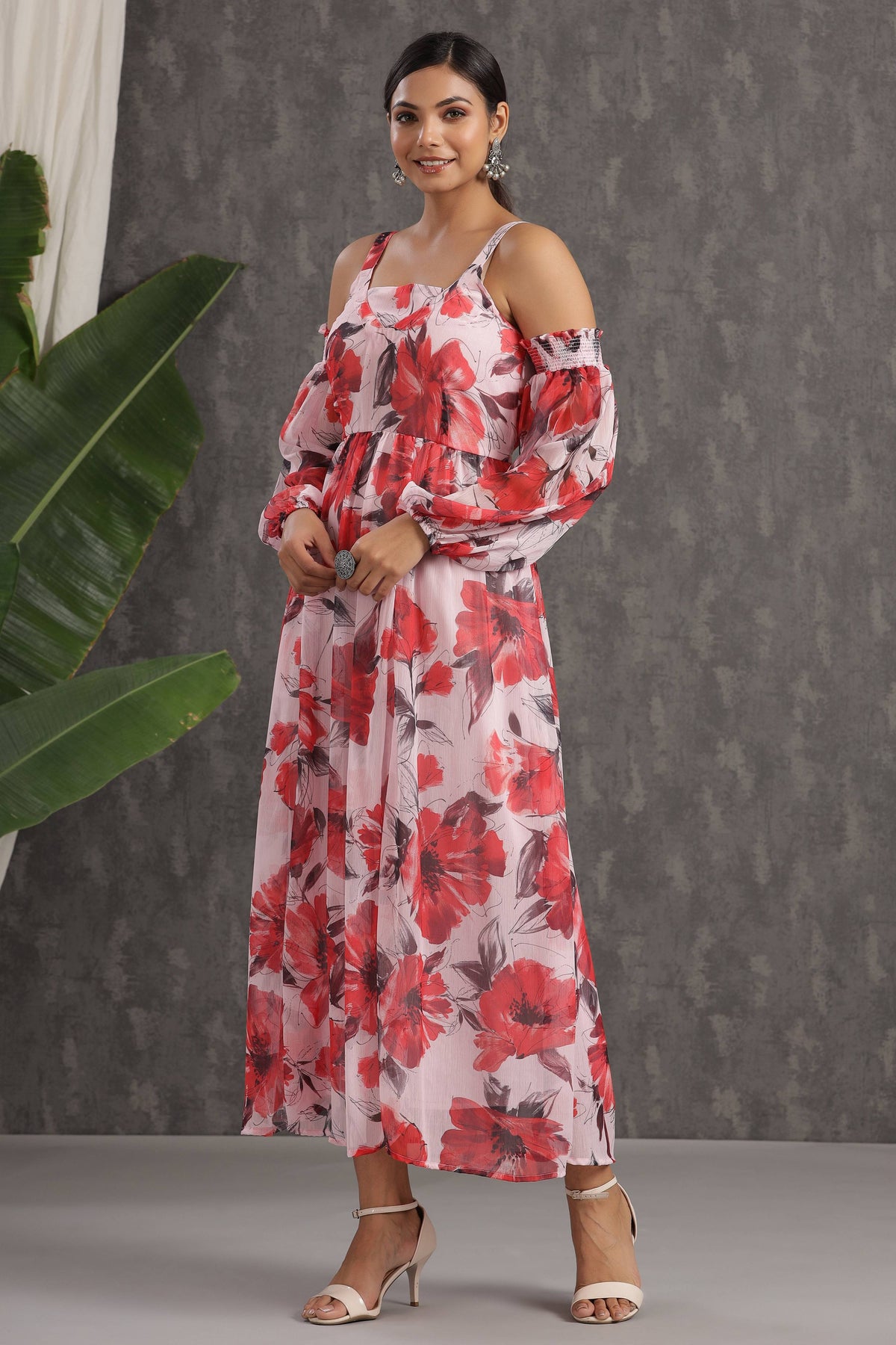 Juniper Light Pink Floral Printed Chiffon Maxi Dress With Adjustable Straps & Cold Shoulder | Grocsy