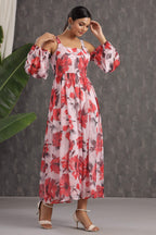 Juniper Light Pink Floral Printed Chiffon Maxi Dress With Adjustable Straps & Cold Shoulder | Grocsy