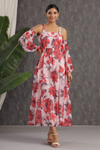 Juniper Light Pink Floral Printed Chiffon Maxi Dress With Adjustable Straps & Cold Shoulder | Grocsy