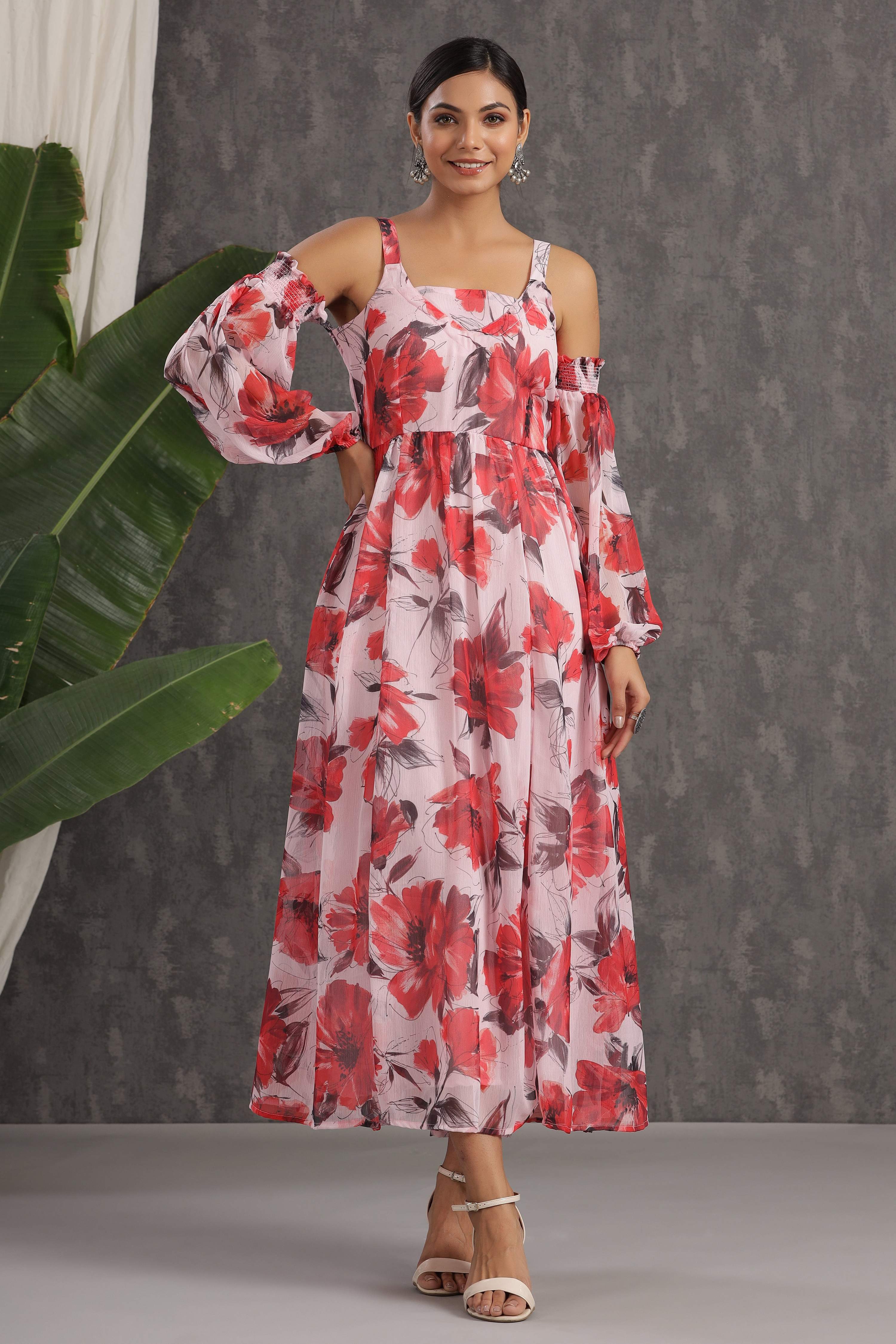 Juniper Light Pink Floral Printed Chiffon Maxi Dress With Adjustable Straps & Cold Shoulder | Grocsy