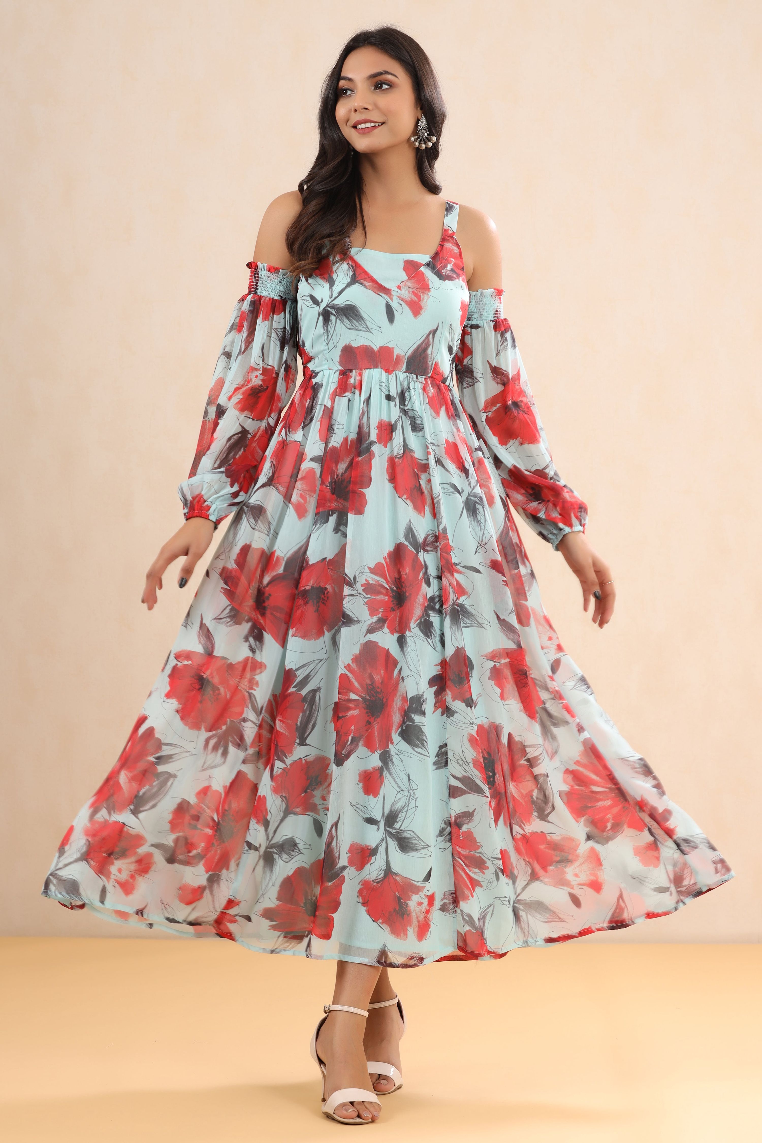 Juniper Mint Floral Printed Chiffon Maxi Dress With Adjustable Straps & Cold Shoulder | Grocsy