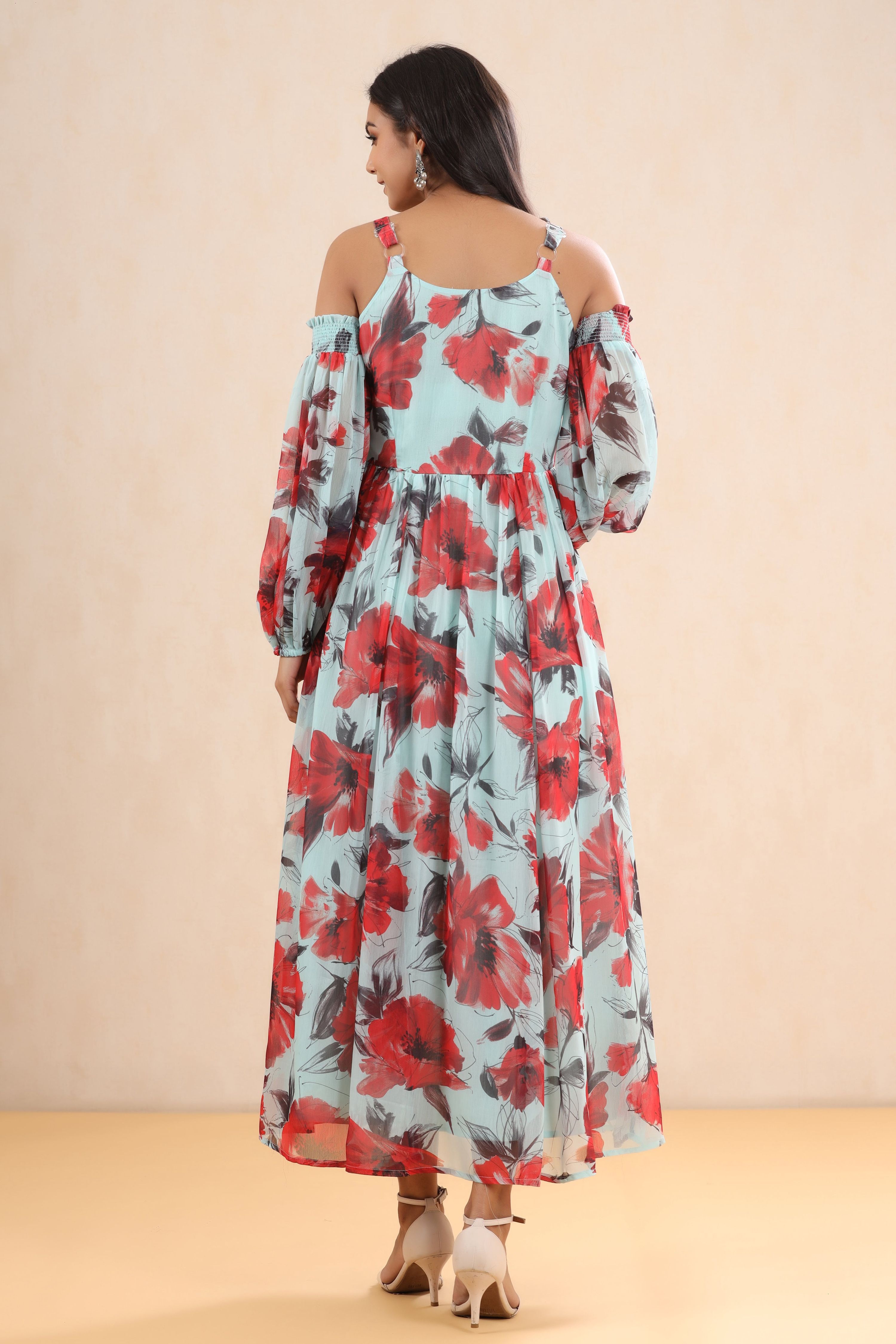 Juniper Mint Floral Printed Chiffon Maxi Dress With Adjustable Straps & Cold Shoulder | Grocsy