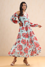 Juniper Mint Floral Printed Chiffon Maxi Dress With Adjustable Straps & Cold Shoulder | Grocsy