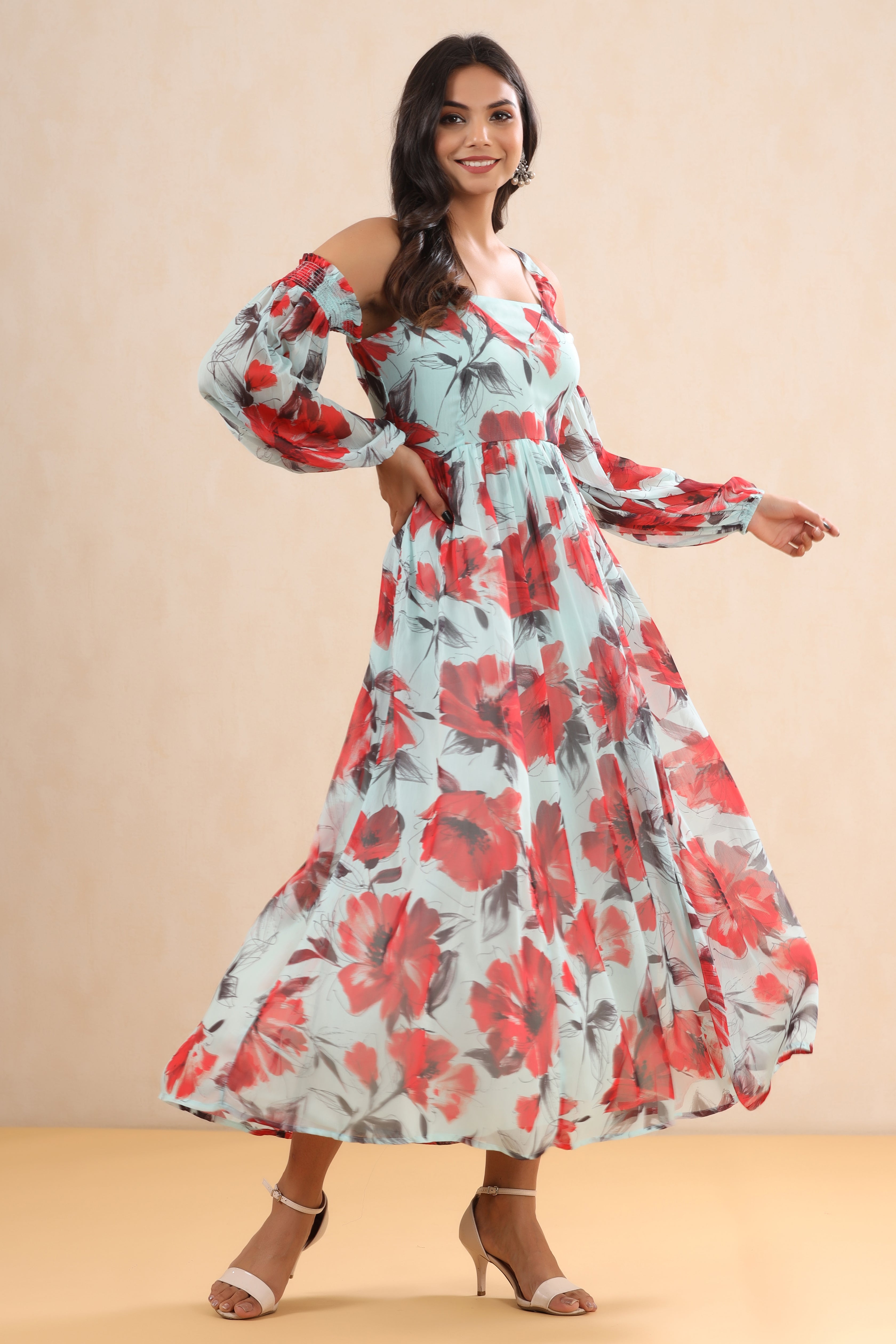 Juniper Mint Floral Printed Chiffon Maxi Dress With Adjustable Straps & Cold Shoulder | Grocsy