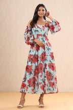 Juniper Mint Floral Printed Chiffon Maxi Dress With Adjustable Straps & Cold Shoulder | Grocsy