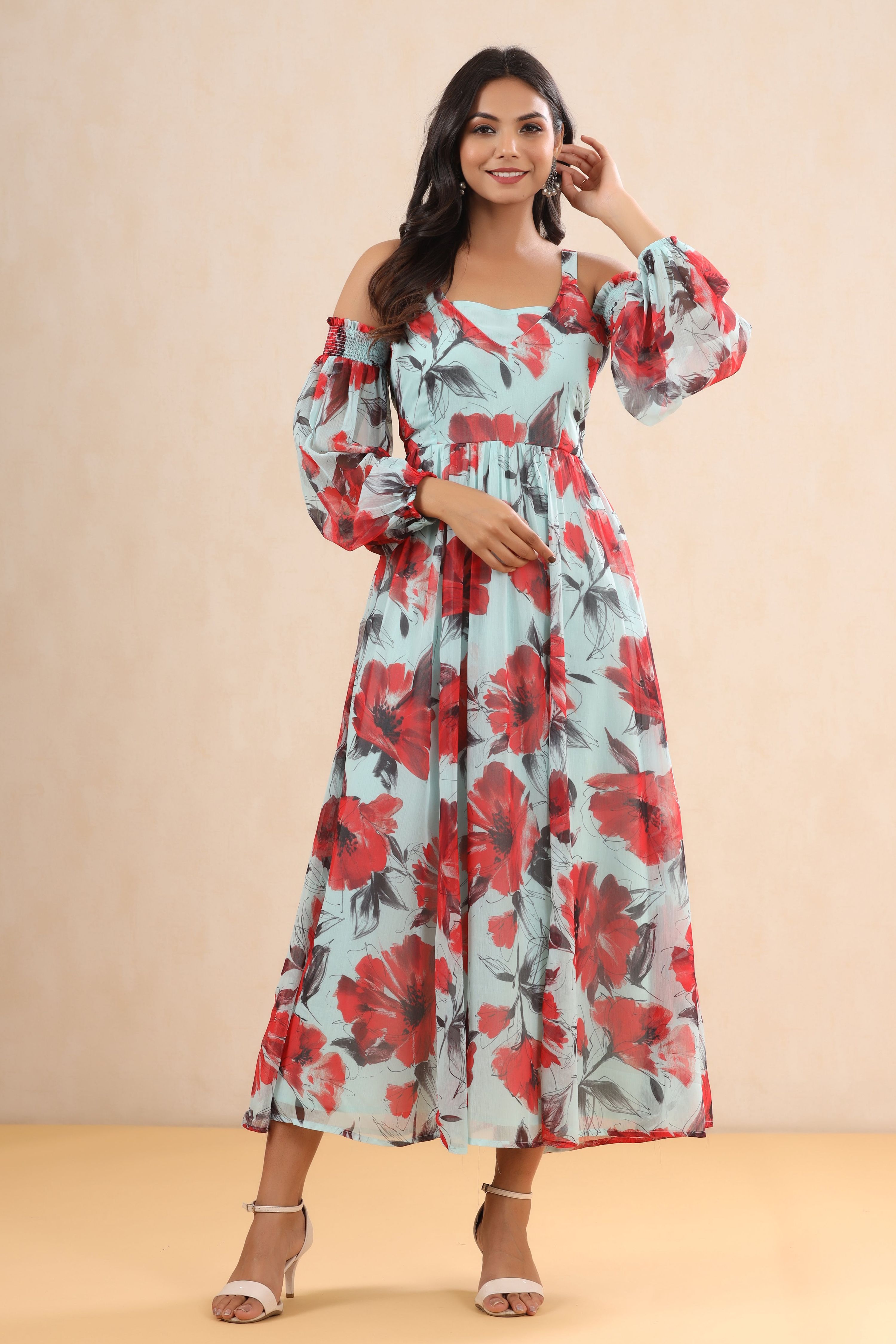 Juniper Mint Floral Printed Chiffon Maxi Dress With Adjustable Straps & Cold Shoulder | Grocsy