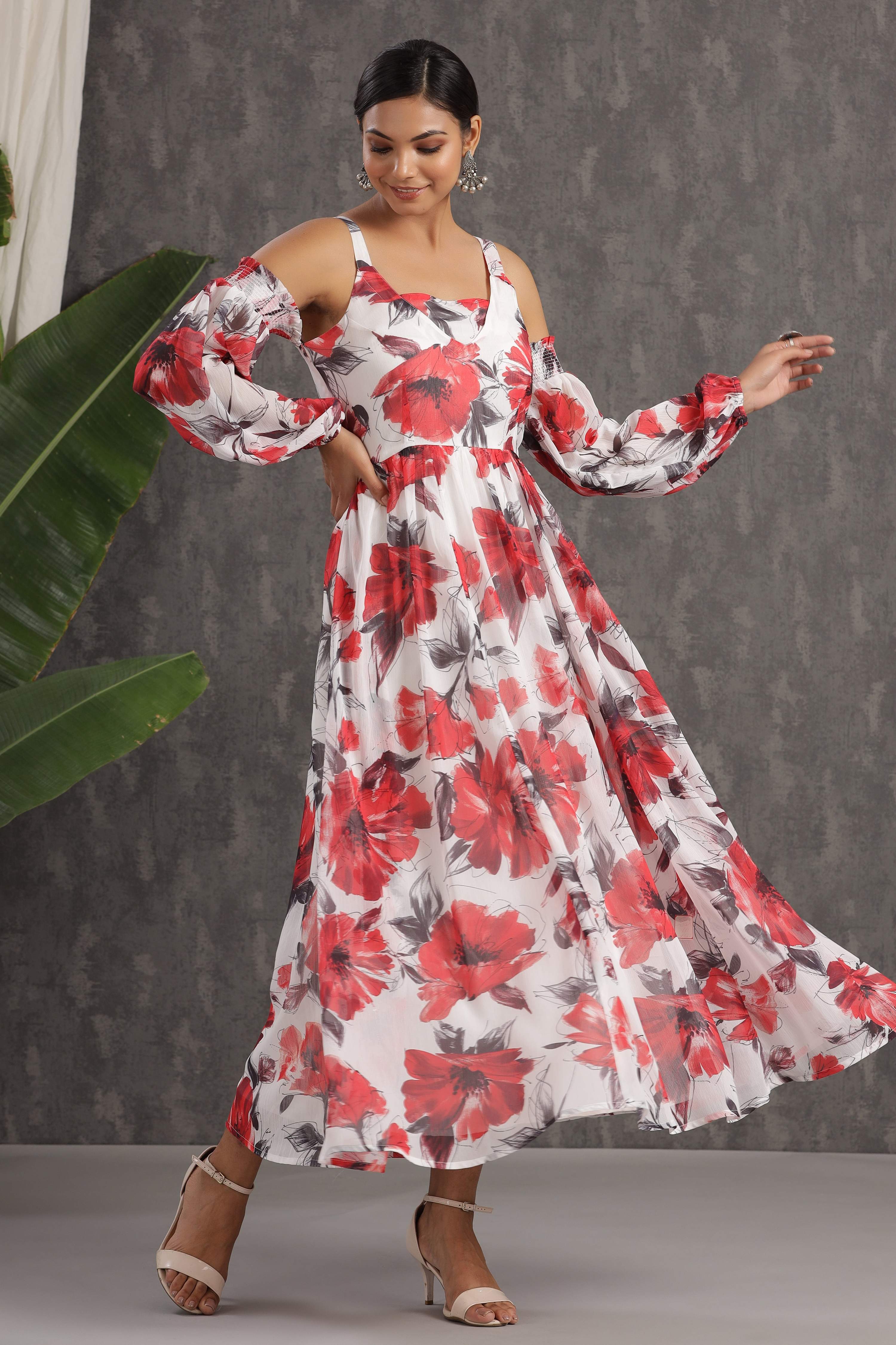 Juniper White Floral Printed Chiffon Maxi Dress With Adjustable Straps & Cold Shoulder | Grocsy