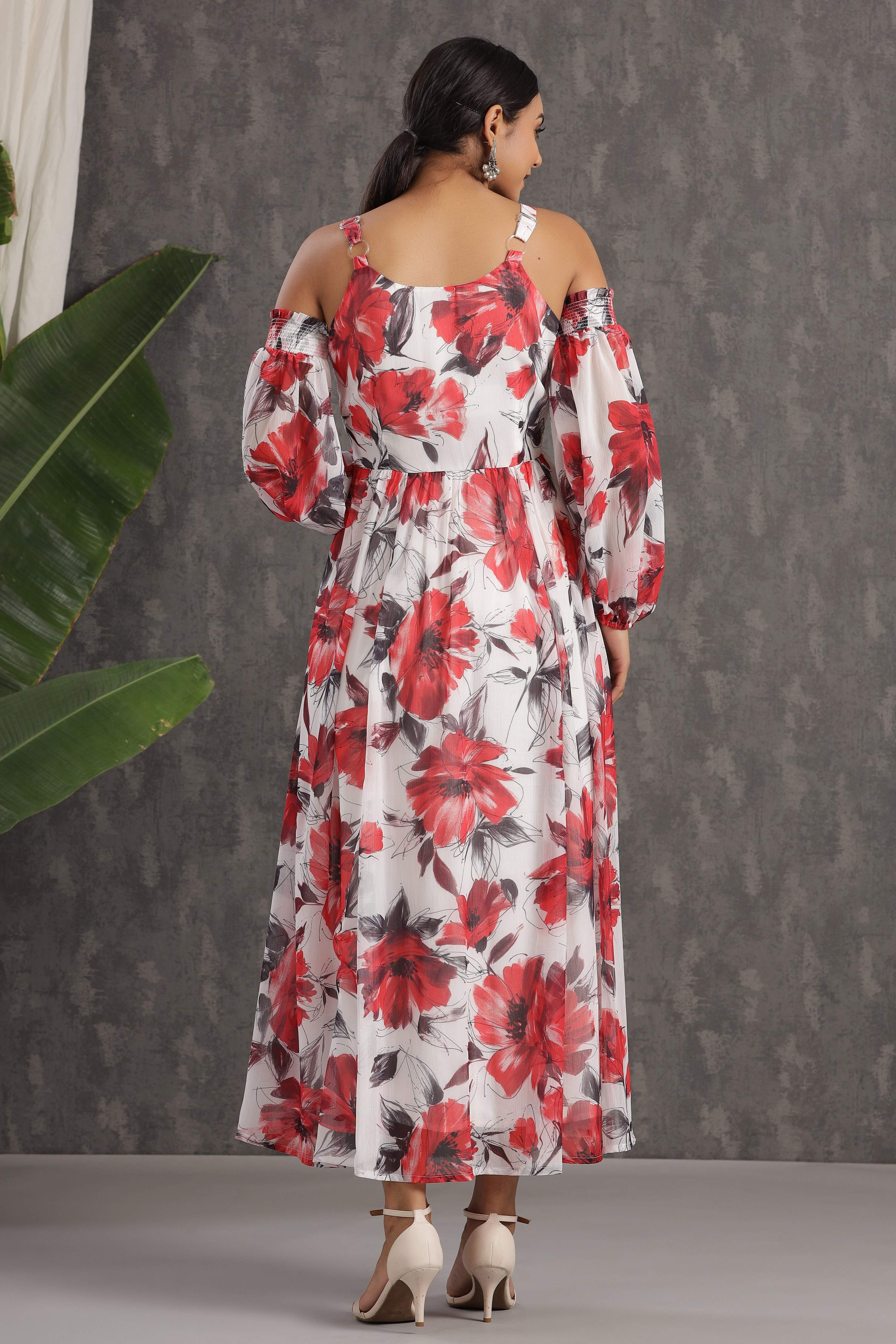 Juniper White Floral Printed Chiffon Maxi Dress With Adjustable Straps & Cold Shoulder | Grocsy