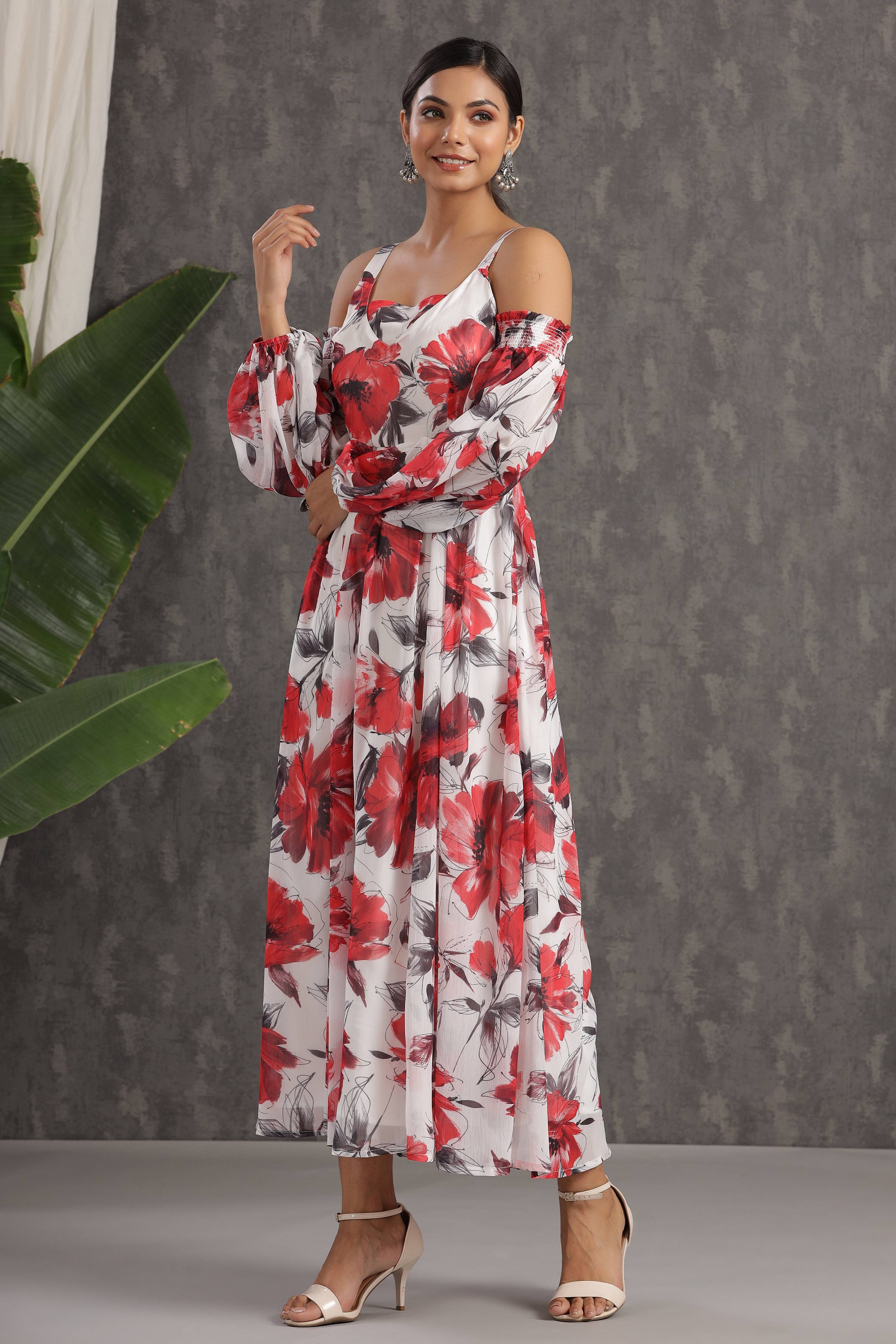Juniper White Floral Printed Chiffon Maxi Dress With Adjustable Straps & Cold Shoulder | Grocsy