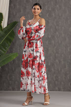 Juniper Women's White Chiffon Printed Flared Dress | Grocsy