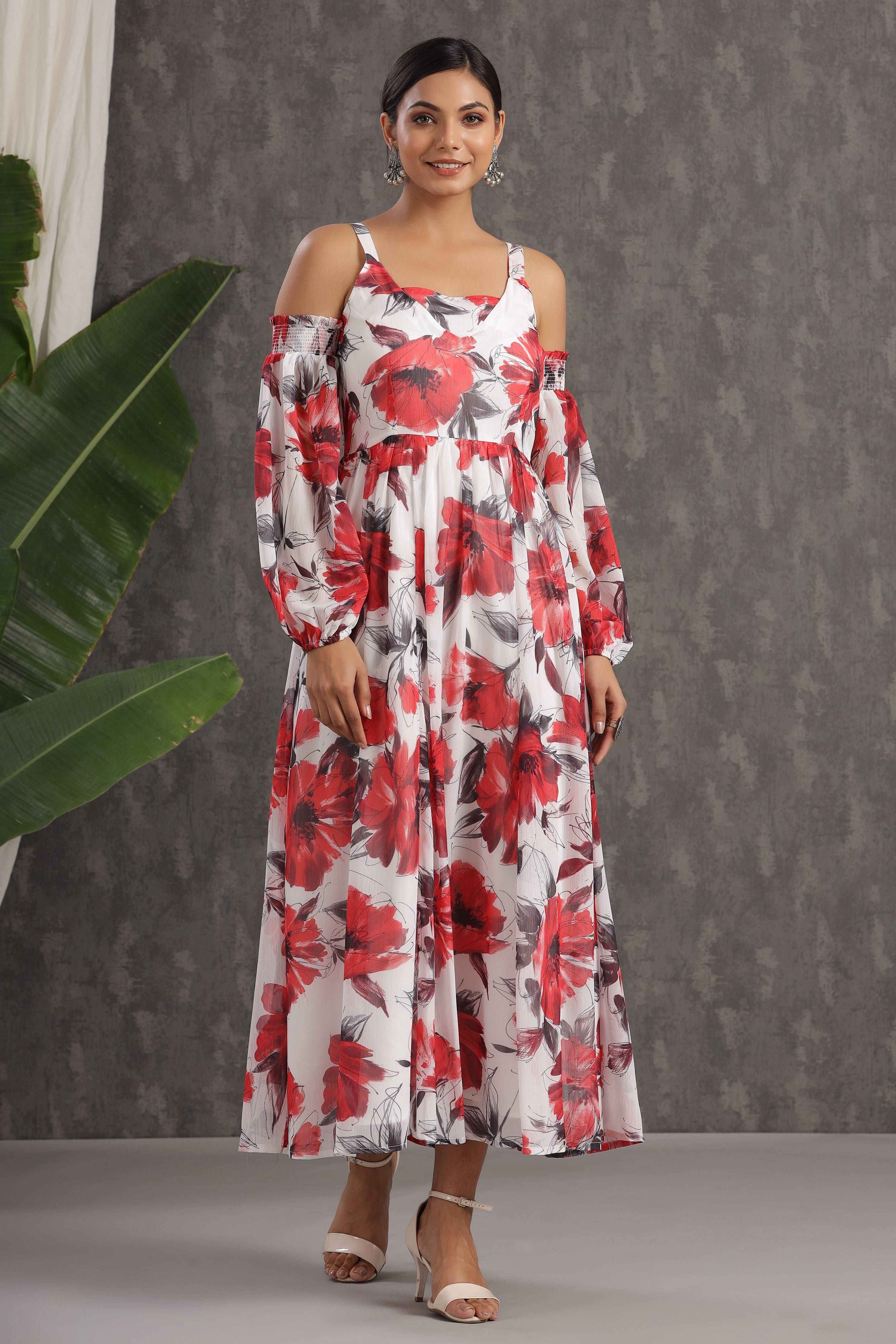 Juniper White Floral Printed Chiffon Maxi Dress With Adjustable Straps & Cold Shoulder | Grocsy